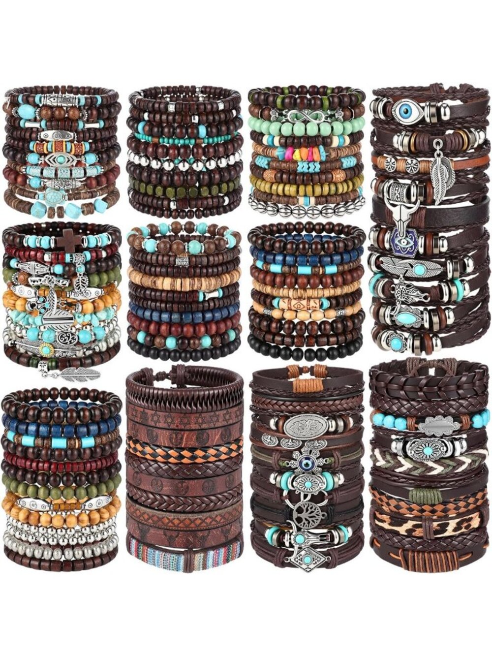 100 Pcs Boho Turquoise Braided Leather Bracelets - Handmade Jewelry Set